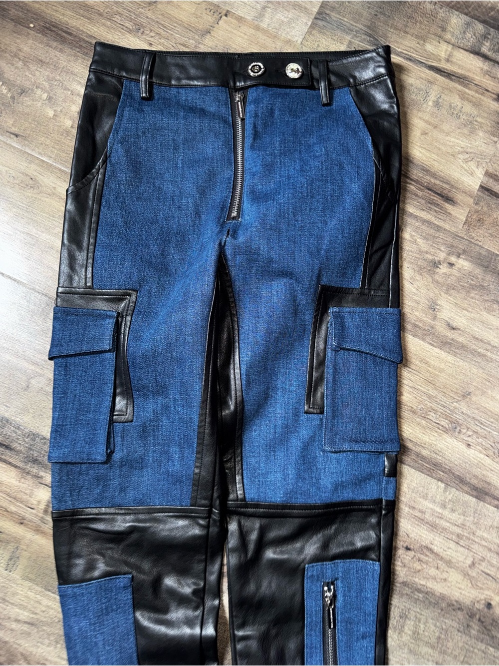 Maniere De Voir Denim Leather Biker Cargo Pants Sz 2 UK 6 Moto Patchwork - Picture 11 of 14
